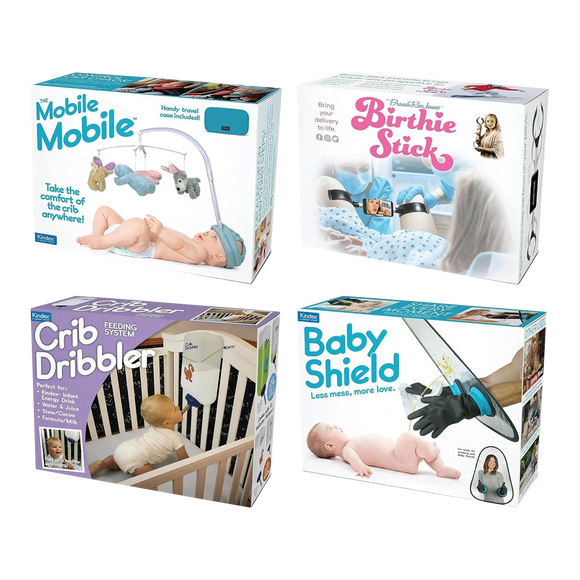 4 Pack Medium Boxes: BABY: Baby Shield, Birthie Stick, Crib Dribbler, Mobile Mobile