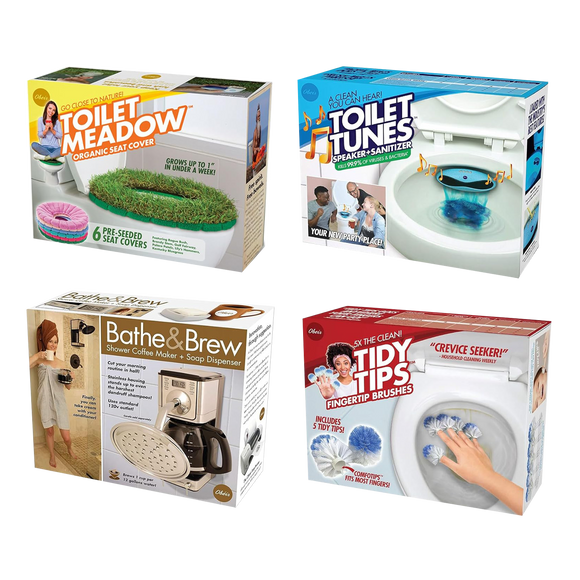 4 Pack Medium Boxes: BATHROOM: Bathe & Brew, Tidy Tips, Toilet Meadow, Toilet Tunes