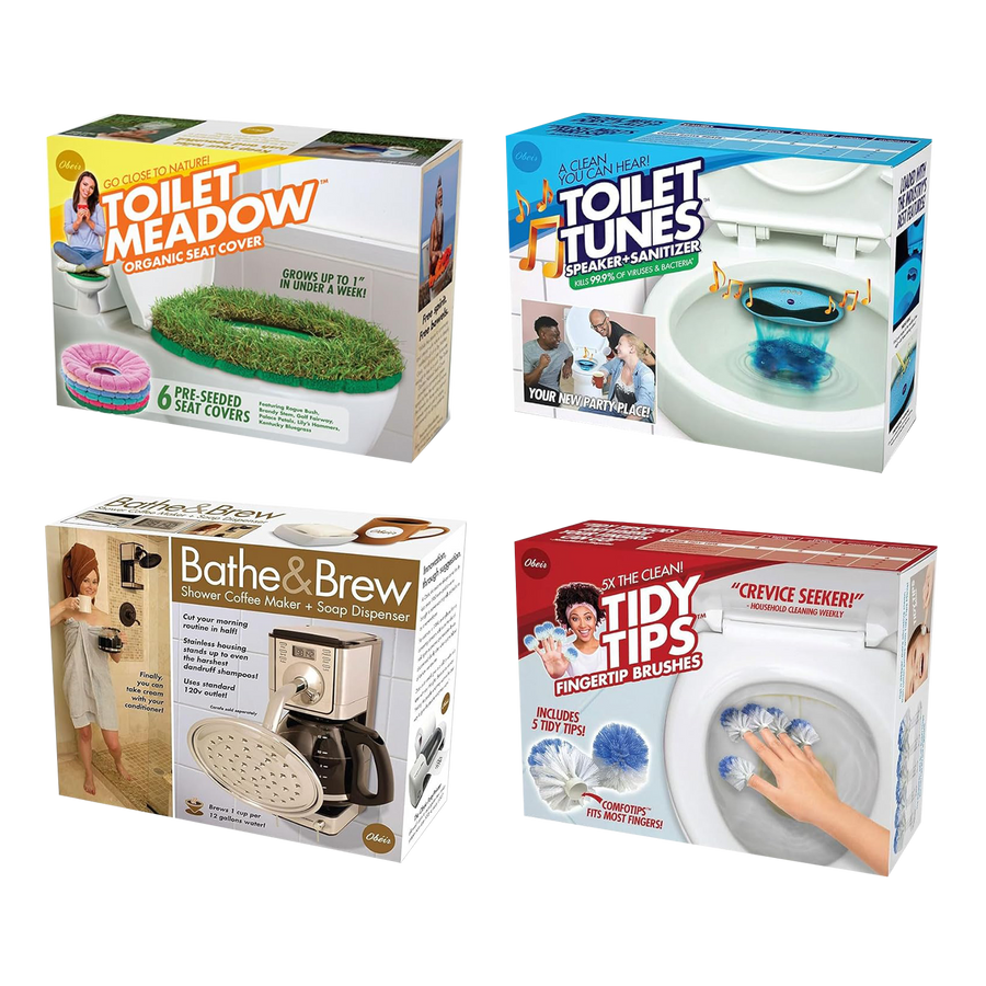 4 Pack Medium Boxes: BATHROOM: Bathe & Brew, Tidy Tips, Toilet Meadow, Toilet Tunes