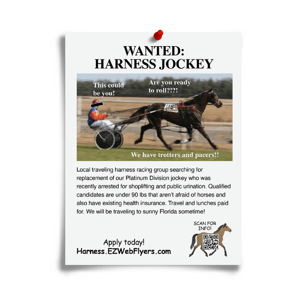 joke flyer for a harness jockey from Prank-O